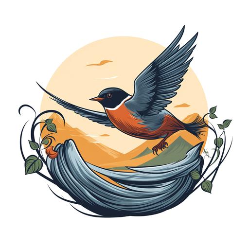 logo. bird flying. over a nest. with a sewing needle over the head. cartoon