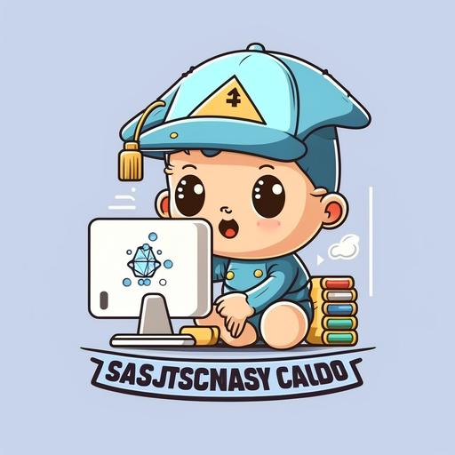 logo. cartoon. baby in diapers and square academic cap doing science on computer. other kids look at him