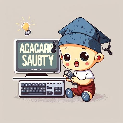 logo. cartoon. baby in diapers and square academic cap doing science on computer. other kids look at him