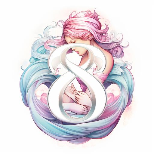 logotipo de maternidad, acogedor, con el simbolo numero 8 o el infinito donde se intuya la silueta de una madre con su bebé, con colores tono pastel azul, rosa y blanco