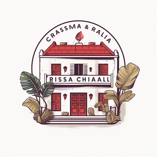logotipo para restaurante que incluya una casa colonial, estilo minimalista y rustico, colores marrones, rojos, blanco