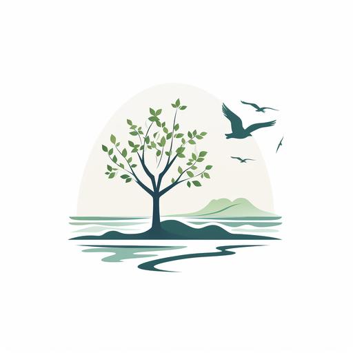 logotype simple birch with green leafs in front of ocean and eagles flying
