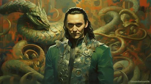 loki loki - can't you see, mankind does adore thee, loki loki - can't you hear, yet they do not really fear, loki loki - can't you tell, how to trick one out of hell, loki loki - can't you guess, all your stories had success, surrealist oil painting, allegorical --ar 16:9 --s 250 --c 10 --v 5.1