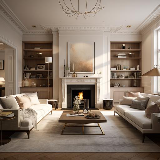 HD, photo realistic, Wide angle 16:9, An interior design for a Victorian mansion home in Kensington London, room height 2.7 meters and 4 meters wide. Create an image that reflects Victorian interior architecture and contemporary furniture and fixtures. Living Room using colour wash in neutrals colours with a traditional Victorian fireplace, shelving for books, artwork, contemporary furniture, Roche-Bobois sofas, modern lamps, and a central chandelier.