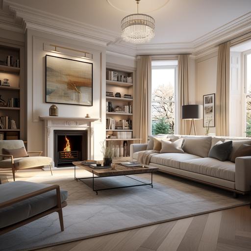 HD, photo realistic, Wide angle 16:9, An interior design for a Victorian mansion home in Kensington London, room height 2.7 meters and 4 meters wide. Create an image that reflects Victorian interior architecture and contemporary furniture and fixtures. Living Room using colour wash in neutrals colours with a traditional Victorian fireplace, shelving for books, artwork, contemporary furniture, Roche-Bobois sofas, modern lamps, and a central chandelier.