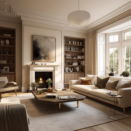 HD, photo realistic, Wide angle 16:9, An interior design for a Victorian mansion home in Kensington London, room height 2.7 meters and 4 meters wide. Create an image that reflects Victorian interior architecture and contemporary furniture and fixtures. Living Room using colour wash in neutrals colours with a traditional Victorian fireplace, shelving for books, artwork, contemporary furniture, Roche-Bobois sofas, modern lamps, and a central chandelier.