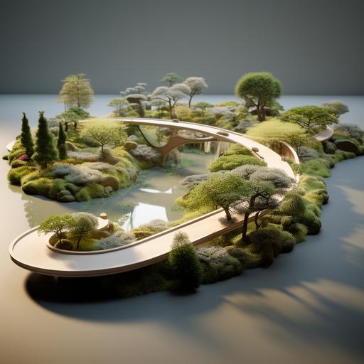 as an architectural model in axonametric view, nature, architecture, bridge, island in lake
