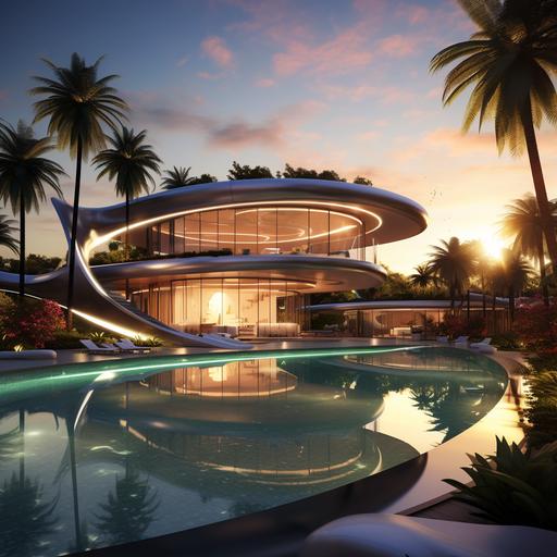 house of the future with palm trees and pool during sunset with green landscape-photorealistic-HD-wide angle
