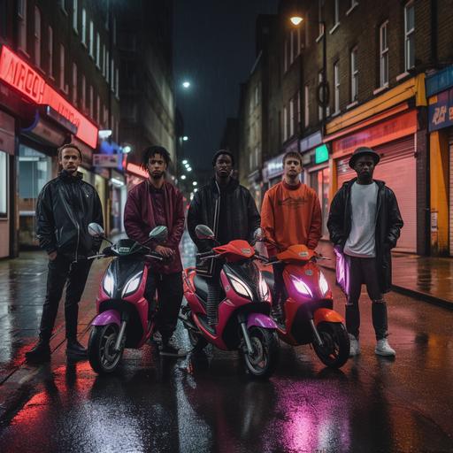 london street, night, street weare, group of guys, dirt bikes, neon, rain, speakers, posing towards camera