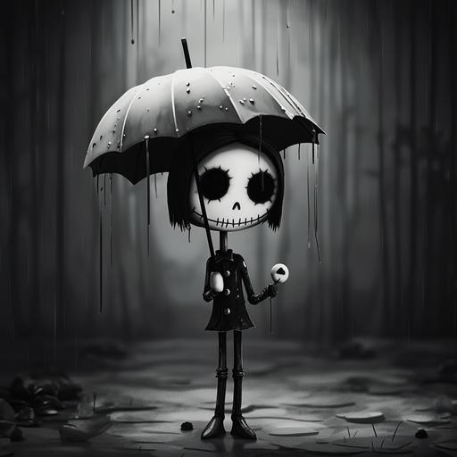 lone skeleton cartoon gitl holding umbrella black and white creepy goth art