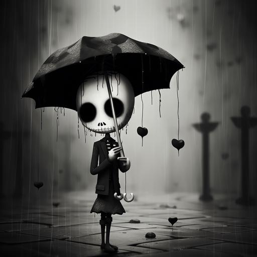 lone skeleton cartoon gitl holding umbrella black and white creepy goth art