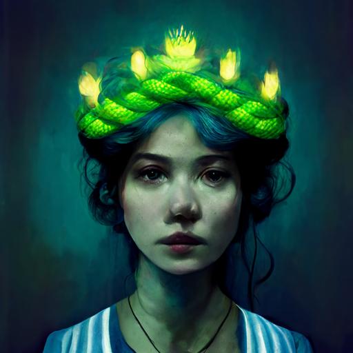 loneliness, sadness, a young woman, a snake wraps around a woman's head like a crown, green and blue neon colors