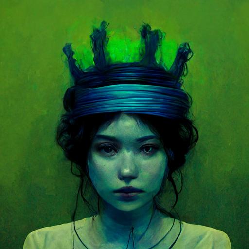 loneliness, sadness, a young woman, a snake wraps around a woman's head like a crown, green and blue neon colors