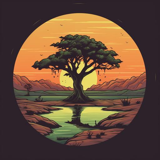 lonely green oak in the middle of the desert, stream, sunset, oasis, 2d, logo, minimalism