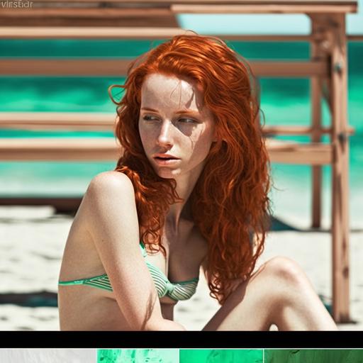 lonely redhead woman bikini real girl high definition photo style green sandal
