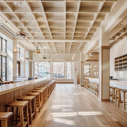 long and narrow modern beer hall, off white acoustic ceiling tiles, light brown hardwood floor, square beams running across the ceiling