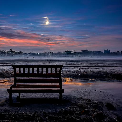 long beach with nice bench at dawn with low tides and moon and a nice temperature