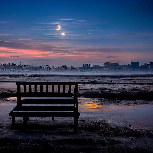 long beach with nice bench at dawn with low tides and moon and a nice temperature