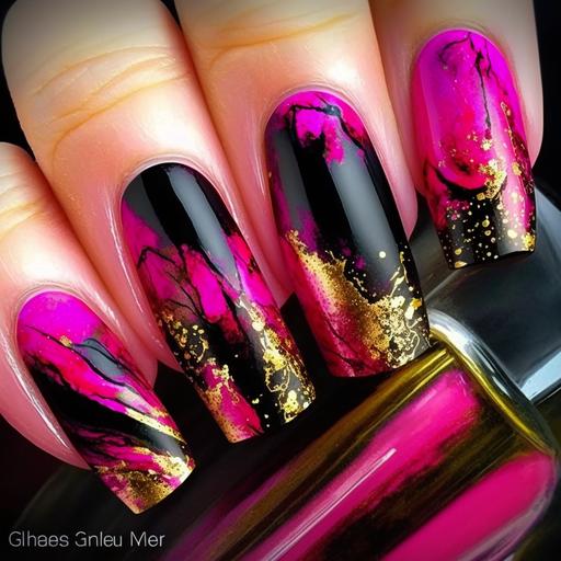 long finger nail design, hot pink, black, gold, watercolor, alcohol ink