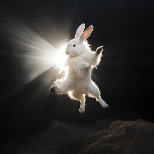 long fur albino rabbit, beautiful dancing graceful creature, fluid motion dancer, mid leap, turn, photographic, canon 5D, hyper realistic, in moonlight