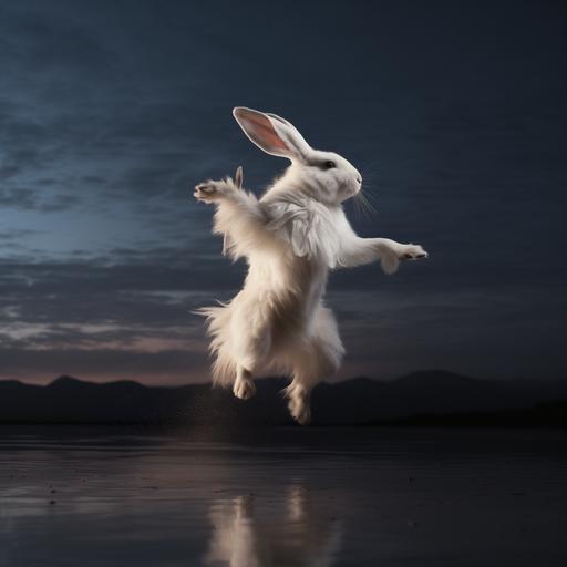 long fur albino rabbit, beautiful dancing graceful creature, fluid motion dancer, mid leap out of water, turn, body twist, ballet, photographic, canon 5D, hyper realistic, in moonlight
