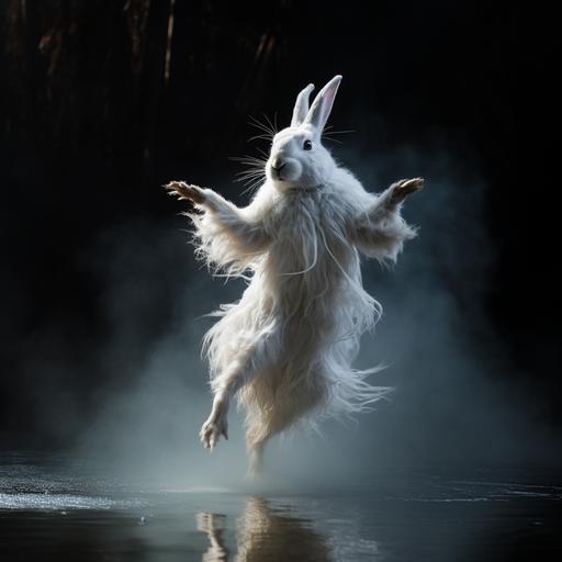 long fur albino rabbit, beautiful dancing graceful creature, fluid motion dancer, mid leap out of water, turn, body twist, ballet, photographic, canon 5D, hyper realistic, in moonlight