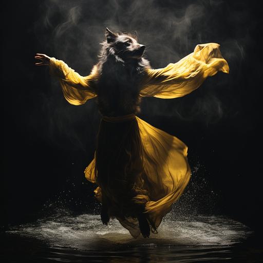 long fur black wolf, beautiful dancing graceful creature, wearing a yellow gown, long body, reaching far up, fluid motion dancer, mid leap from water, body twist dynamic, turn, photographic, canon 5D, hyper realistic, in moonlight