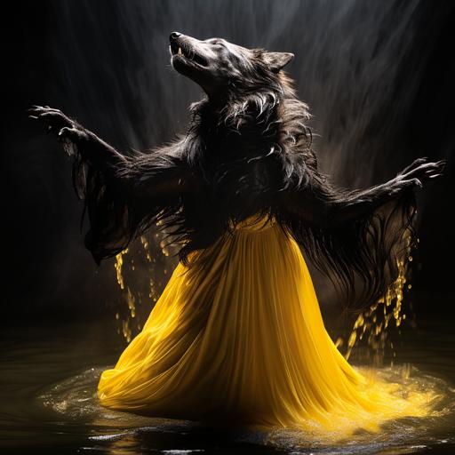 long fur black wolf, beautiful dancing graceful creature, wearing a yellow gown, long body, reaching far up, fluid motion dancer, mid leap from water, body twist dynamic, turn, photographic, canon 5D, hyper realistic, in moonlight