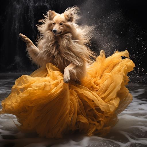 long fur wolf with red fur, beautiful dancing graceful creature, wearing a yellow gown, fluid motion dancer, mid leap from water, body twist dynamic, turn, photographic, canon 5D, hyper realistic, in moonlight