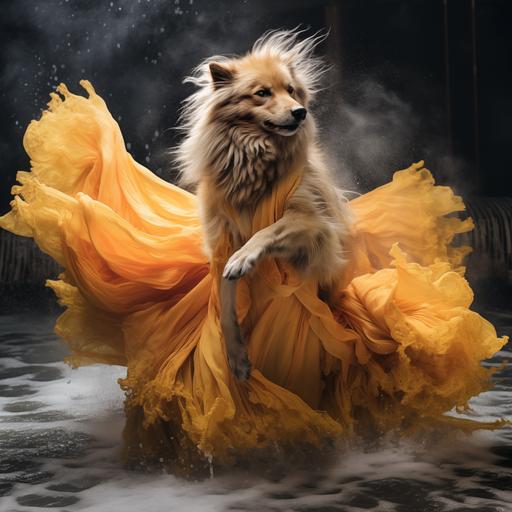 long fur wolf with red fur, beautiful dancing graceful creature, wearing a yellow gown, fluid motion dancer, mid leap from water, body twist dynamic, turn, photographic, canon 5D, hyper realistic, in moonlight