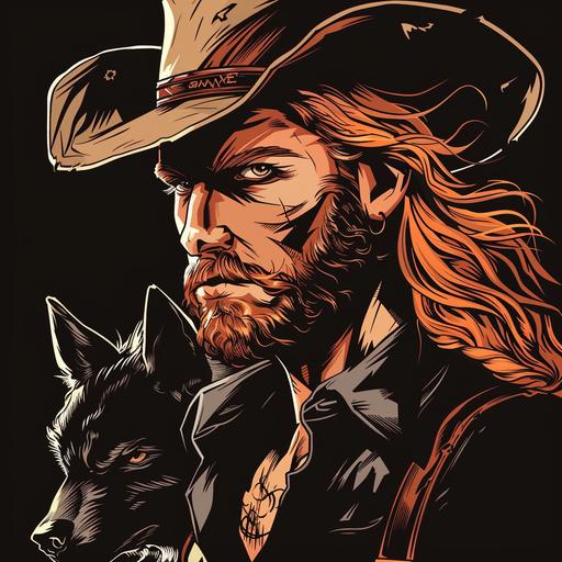 long hair redhead cowboy with short beard and with a scar on the eye with black wolf mascot