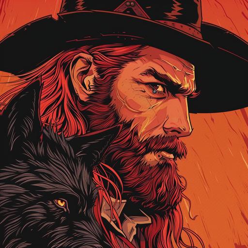 long hair redhead cowboy with short beard and with a scar on the eye with black wolf mascot