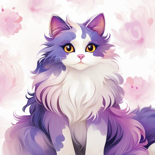 long haired, calico cat, purple eyes, wallpaper pattern, cute, cartoon