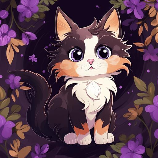 long haired, calico cat, purple eyes, wallpaper pattern, cute, cartoon