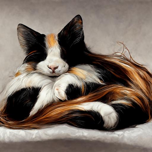 long haired calico cat relaxing on her back, detailed, realistic