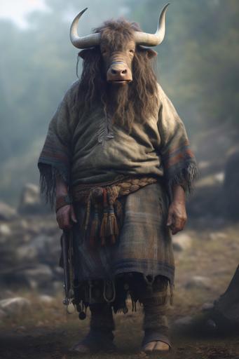 long haired yak humanoid, eastern Nepal village, villager clothing, herder, hyper realistic 8k, full body, --ar 2:3 --s 250 --q 2 --v 5.1