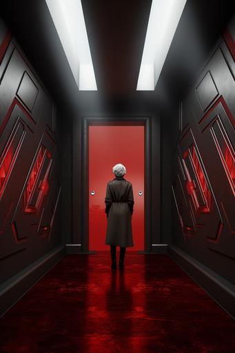 long hallway grey walls, red shiny doors, with an older lady with grey hair standing outside a door. the lady is wearing an angular geometric mask that is red and shiny. sci-fy style. --ar 2:3