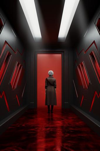 long hallway grey walls, red shiny doors, with an older lady with grey hair standing outside a door. the lady is wearing an angular geometric mask that is red and shiny. sci-fy style. --ar 2:3
