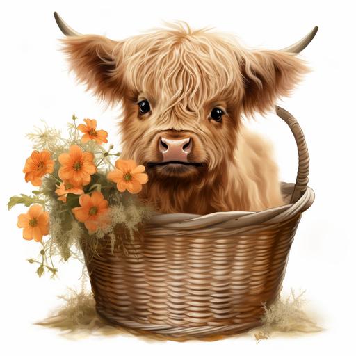 long shaggy coat genuine highland cow Clipart highland calf in a Basket Baby highland calf PNG roses Clipart Graphic Illustration