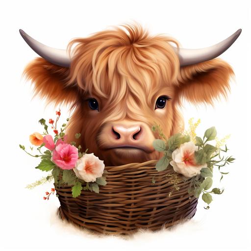 long shaggy coat genuine highland cow Clipart highland calf in a Basket Baby highland calf PNG roses Clipart Graphic Illustration