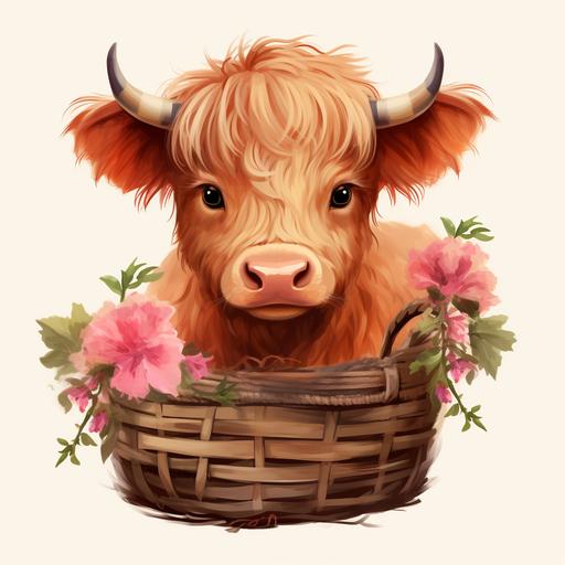 long shaggy coat genuine highland cow Clipart highland calf in a Basket Baby highland calf PNG red roses Clipart Graphic Illustration
