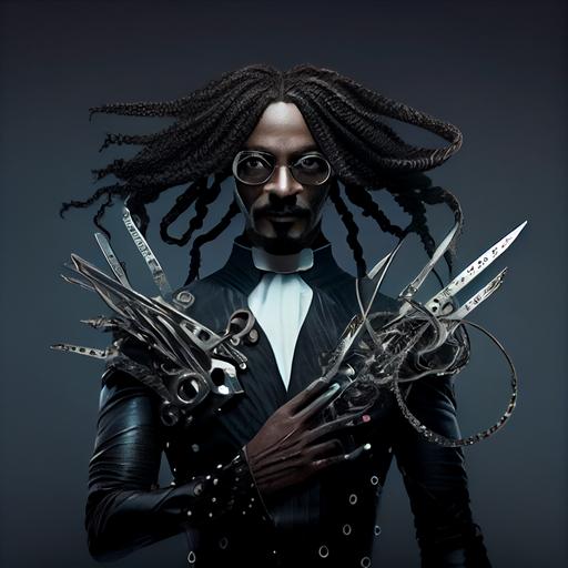long shot of snoop dogg as Edward scissor hands with giant sharp scissors instead of fingers to cut roll and smoke joints happily, --upbeta --v 4