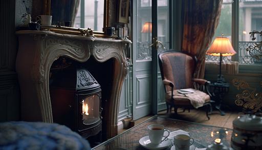 long shot, paris edwardian parlour , window, inside,looking outside down on rainy Paris city street day,fire in beautiful ornamental fireplace, a newspaper, open book,plate of crossiants, small tarnished victorian silver tea pot, cup on table ,baroque pattern wallpaper, vase of sweet pea flowers, ,cozy feel, muted blue tones,soft amber reflected light, incredibly detailed, sharpen,beautiful pattern table cloth,, professional lighting, photography lighting, 50mm, Lightroom gallery, --ar 16:9 --v 4 --s 250 --uplight