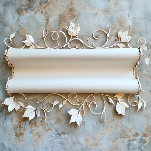 long thin blank scroll, top down angle view, leaf and vines decorations, papercraft
