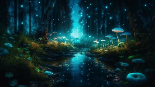 long uptrending dotted trend line in forrest made of spiritual blue and green light bulbs, aurora borealis colored magical forrest river, mushrooms and wild flowers, lots of blue, ultra realistic, 8k resolution, --ar 16:9 --v 5 --s 750