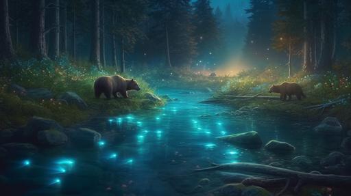 long uptrending trend line in forrest made of spiritual blue and green light bulbs, aurora borealis colored magical forrest river, bull and bear drinking from river, mushrooms and wild flowers, lots of blue, ultra realistic, 8k resolution, --ar 16:9 --v 5 --s 750