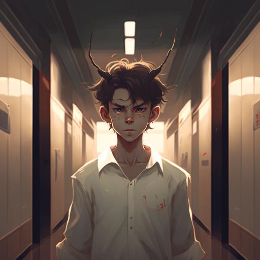 a long white corridor, cold dull colors, flat lights on the ceiling, a boy in the middle, brown hair, freckles, a snub nose, disheveled hair, brown eyes, small goat horns, a devil's tail, dressed in a white long-sleeve T-shirt and baggy white pants, anime, 4k