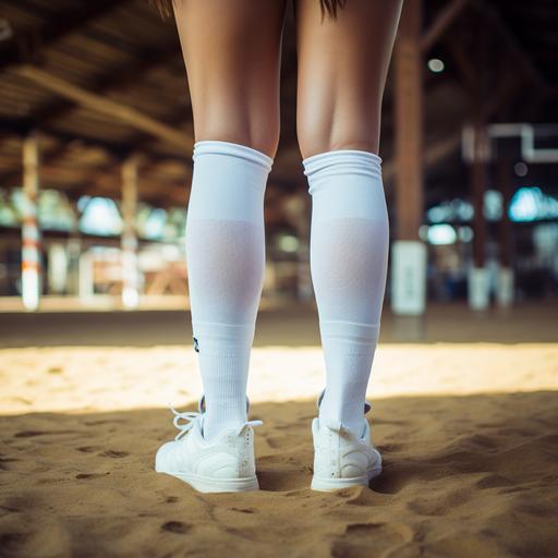 long white socks for volleyball on the volleyball court are worn on a woman's foot without shoes