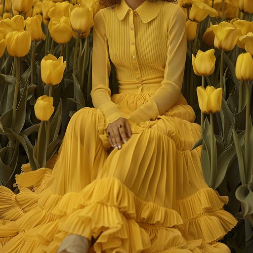 long yellow polo dress with fitted shape. It has sheer rib knit, polo collar and semi-buttoned plunging neckline with mother-of-pearl buttons. On the skirt of the dress there are big yellow tulips that hand upside down.