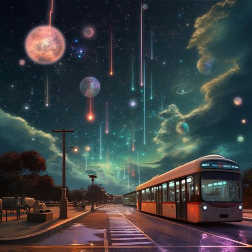looking at the sky in the night on a bus stop with cars and buses passing by. On the sky are planets very close. Some of planets are like mars and others like earth. There are floaring castles (of pastel colors) on the sky too.